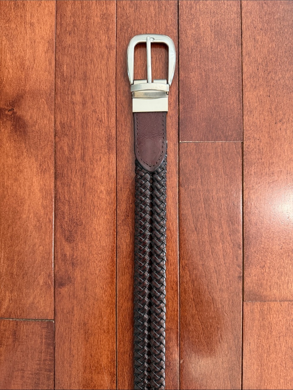 Men’s Braided Brown Bonded Leather Belt with Silver Buckle 37” Length